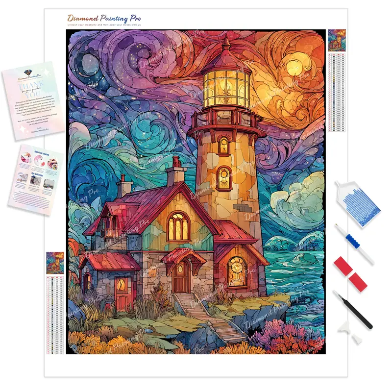 Stained Glass Lighthouse Diamond Art Kit – Colorful Full-Drill Design 1