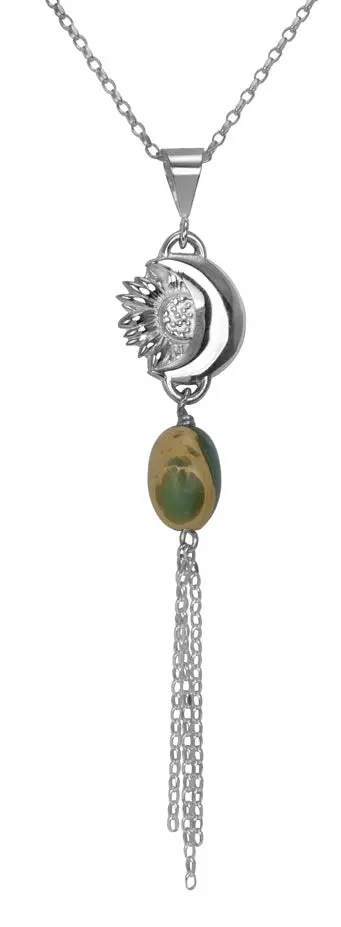 Sunflower & Moon Charm Necklace With Aqua Terra Stone And Delicate Dangle Chain 1